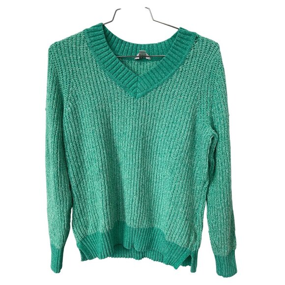 Belle by Kim Gravel Shadow Rib Chenille V Neck Sweater Size Medium Green Staple - Picture 1 of 9